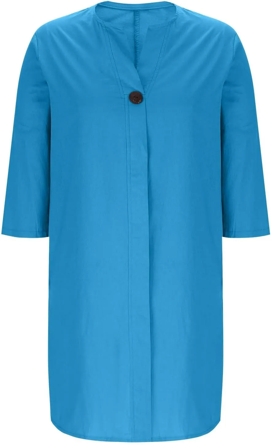Womens Plus Size Linen Midi Dresses Summer Trendy 3/4 Sleeve Dresses Casual Loose Side Split V Neck T Shirt Dress