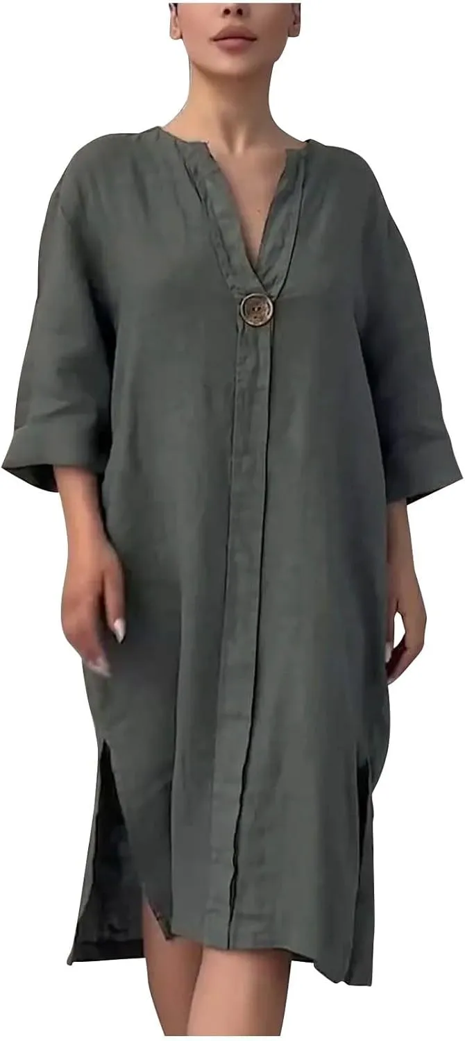 Womens Plus Size Linen Midi Dresses Summer Trendy 3/4 Sleeve Dresses Casual Loose Side Split V Neck T Shirt Dress