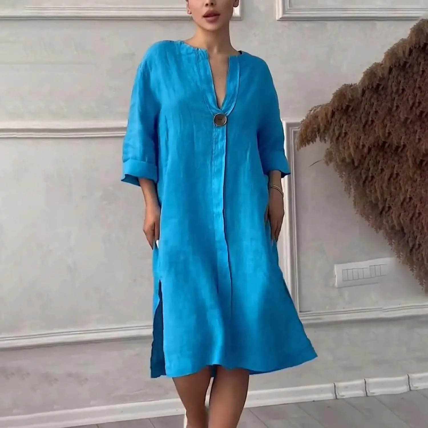 Womens Plus Size Linen Midi Dresses Summer Trendy 3/4 Sleeve Dresses Casual Loose Side Split V Neck T Shirt Dress
