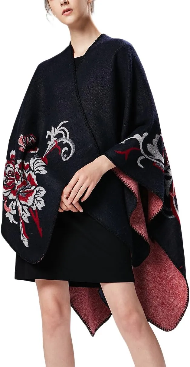 Womens Retro Warm Shawls Poncho Cape Floral Printed Open Front Cardigans Sweater