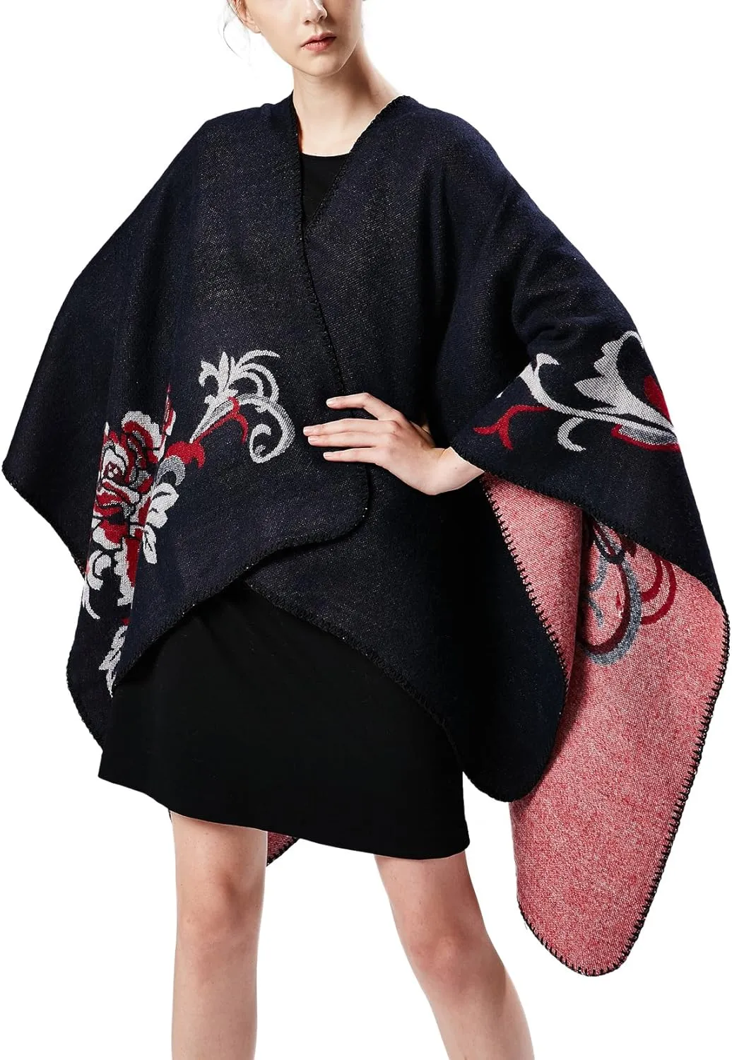 Womens Retro Warm Shawls Poncho Cape Floral Printed Open Front Cardigans Sweater