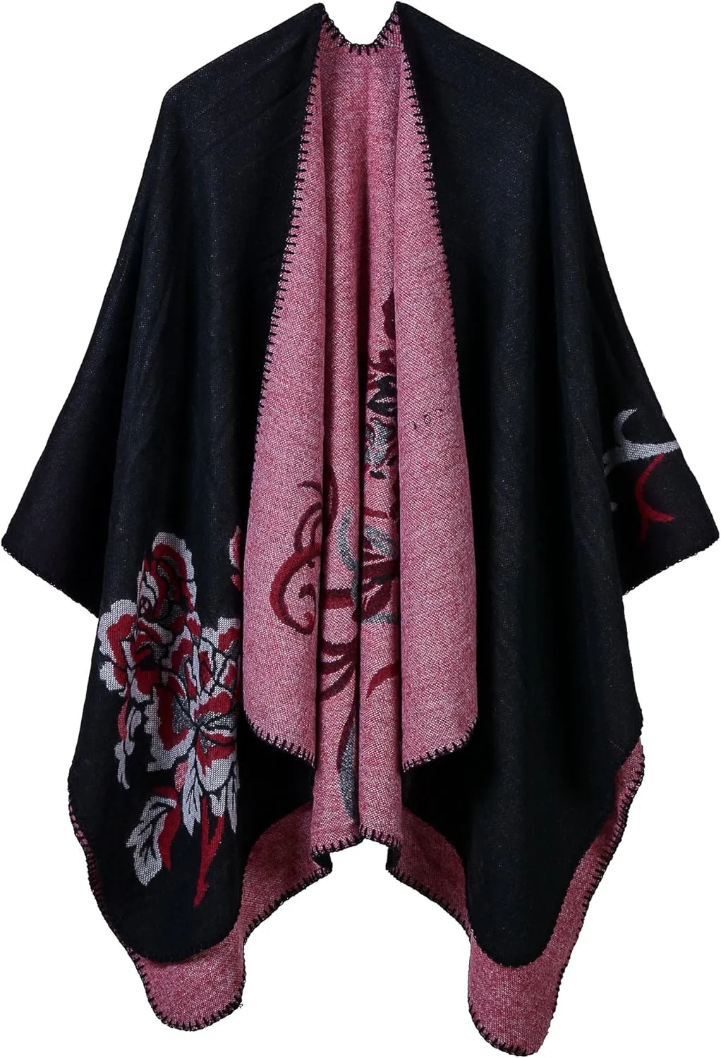Womens Retro Warm Shawls Poncho Cape Floral Printed Open Front Cardigans Sweater