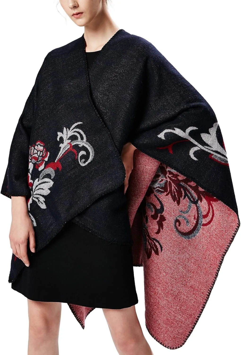 Womens Retro Warm Shawls Poncho Cape Floral Printed Open Front Cardigans Sweater