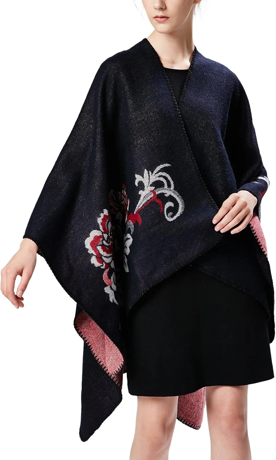 Womens Retro Warm Shawls Poncho Cape Floral Printed Open Front Cardigans Sweater
