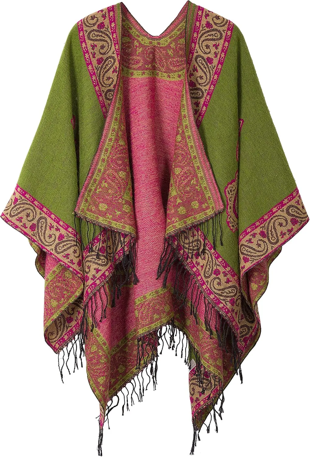 Womens Retro Warm Shawls Poncho Cape Floral Printed Open Front Cardigans Sweater