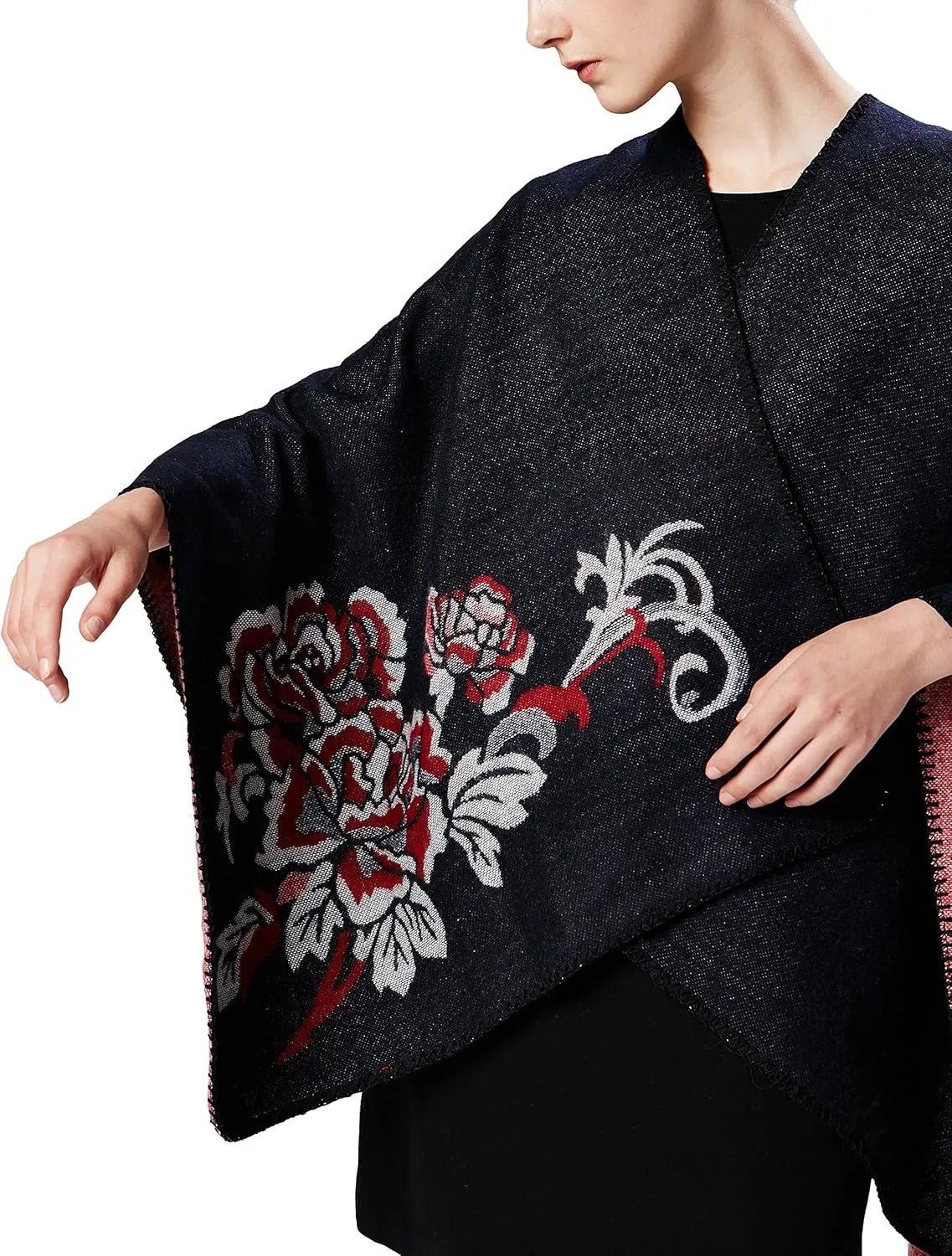 Womens Retro Warm Shawls Poncho Cape Floral Printed Open Front Cardigans Sweater