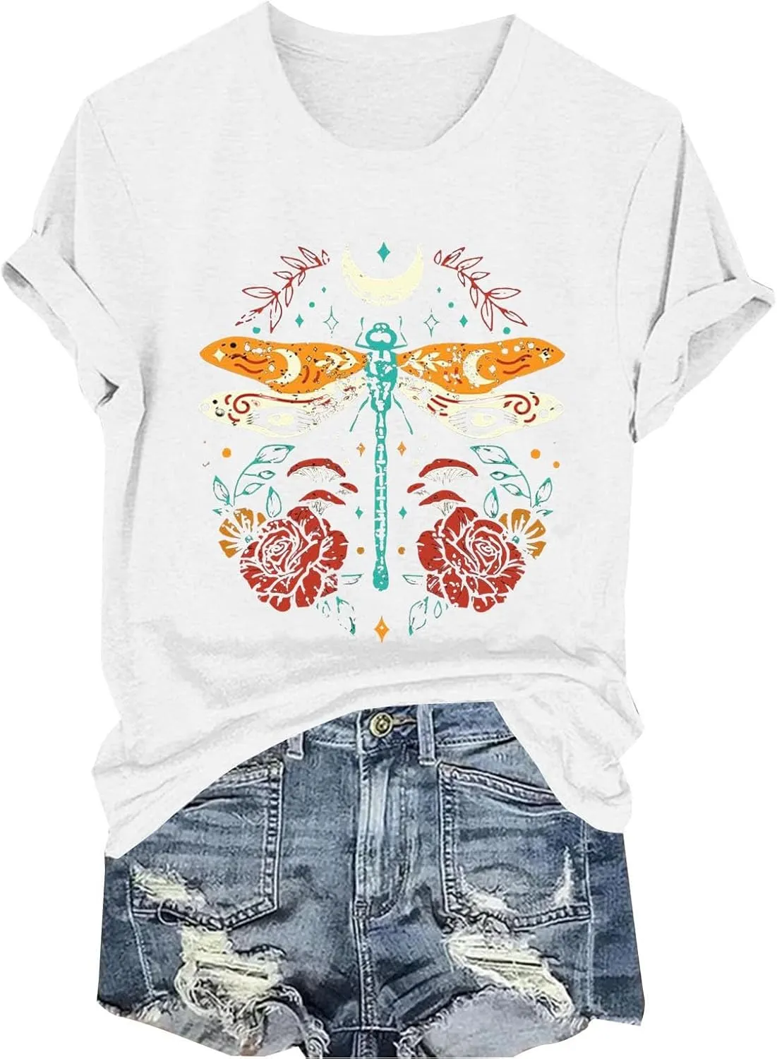 Womens Shirts Summer Cotton Short Sleeve Crew Neck Basic Tee Cute Vintage Print Casual Loose Fit Trendy Pullover Tops