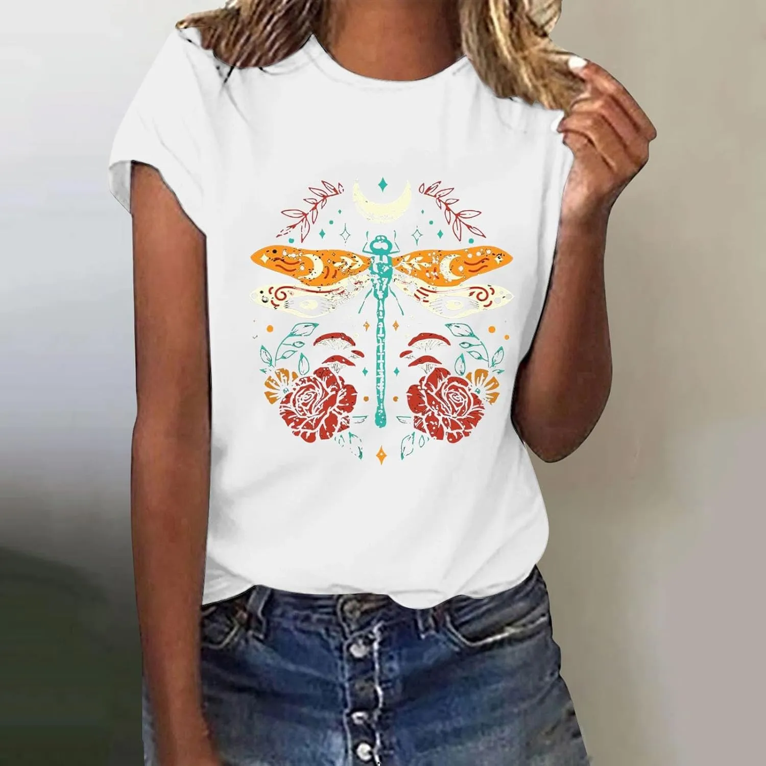 Womens Shirts Summer Cotton Short Sleeve Crew Neck Basic Tee Cute Vintage Print Casual Loose Fit Trendy Pullover Tops