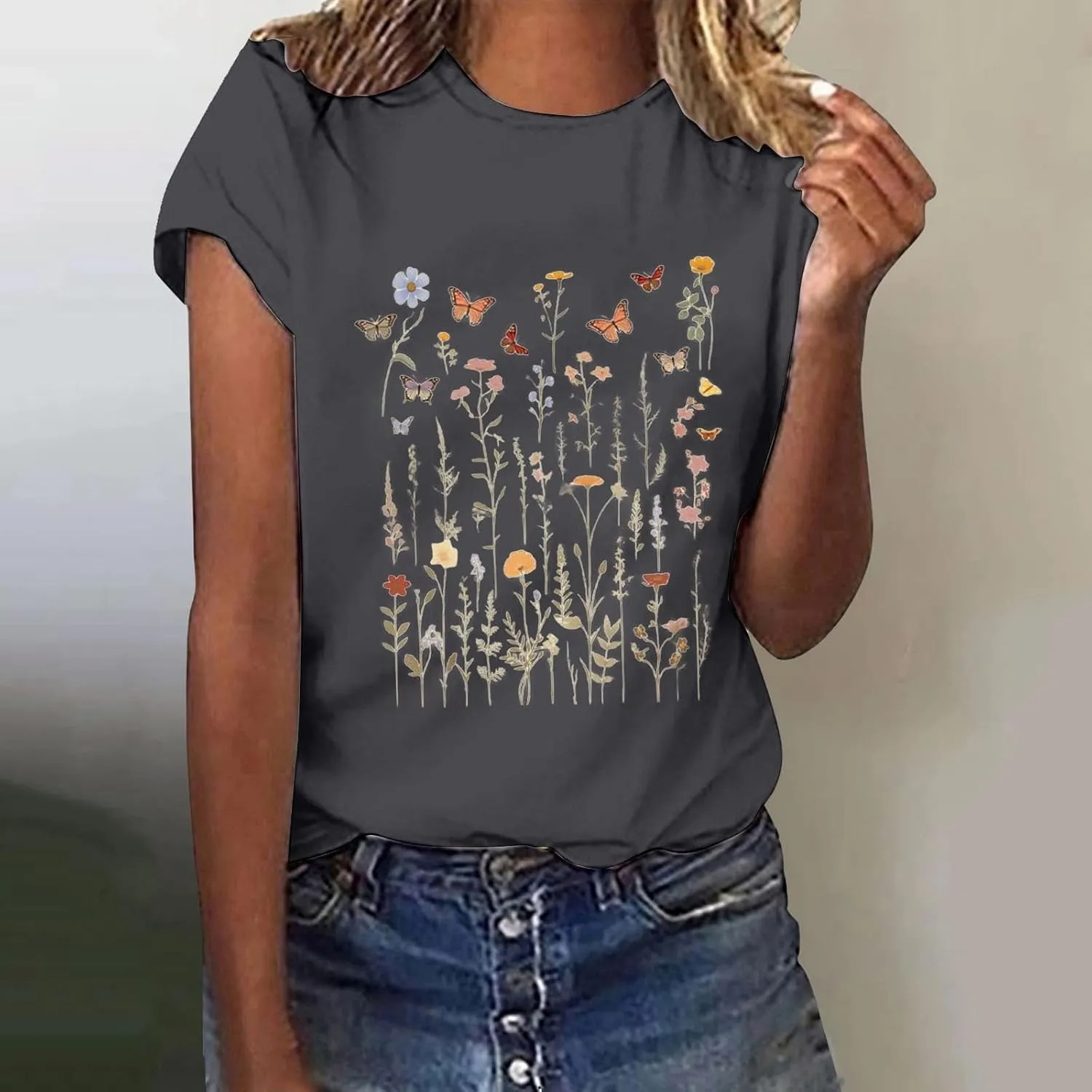 Womens Shirts Summer Cotton Short Sleeve Crew Neck Basic Tee Cute Vintage Print Casual Loose Fit Trendy Pullover Tops