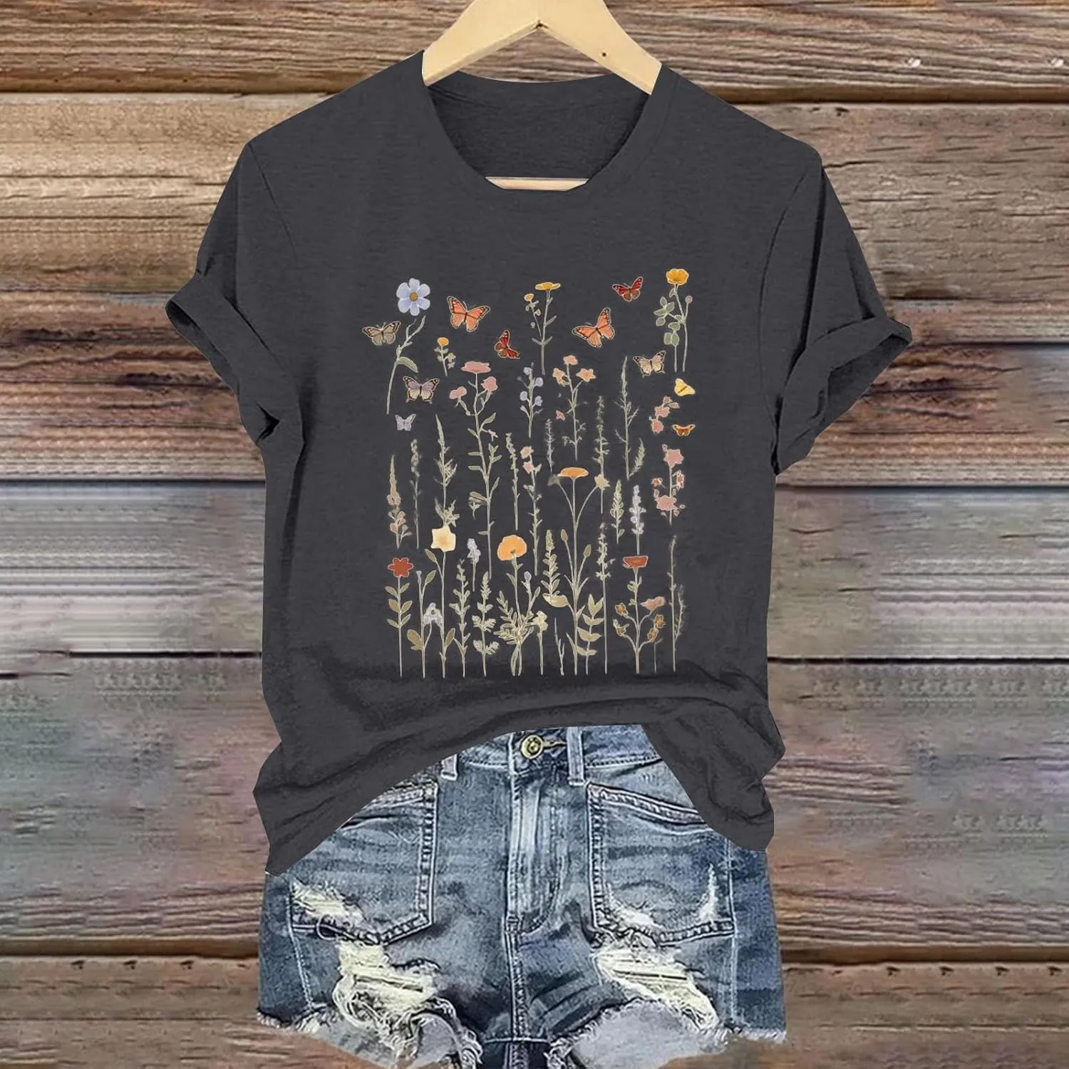 Womens Shirts Summer Cotton Short Sleeve Crew Neck Basic Tee Cute Vintage Print Casual Loose Fit Trendy Pullover Tops