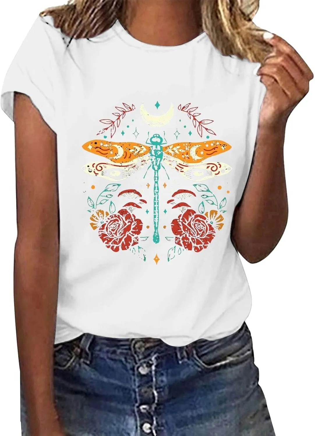 Womens Shirts Summer Cotton Short Sleeve Crew Neck Basic Tee Cute Vintage Print Casual Loose Fit Trendy Pullover Tops