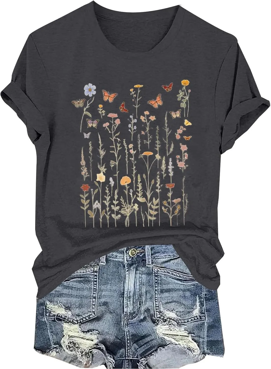 Womens Shirts Summer Cotton Short Sleeve Crew Neck Basic Tee Cute Vintage Print Casual Loose Fit Trendy Pullover Tops