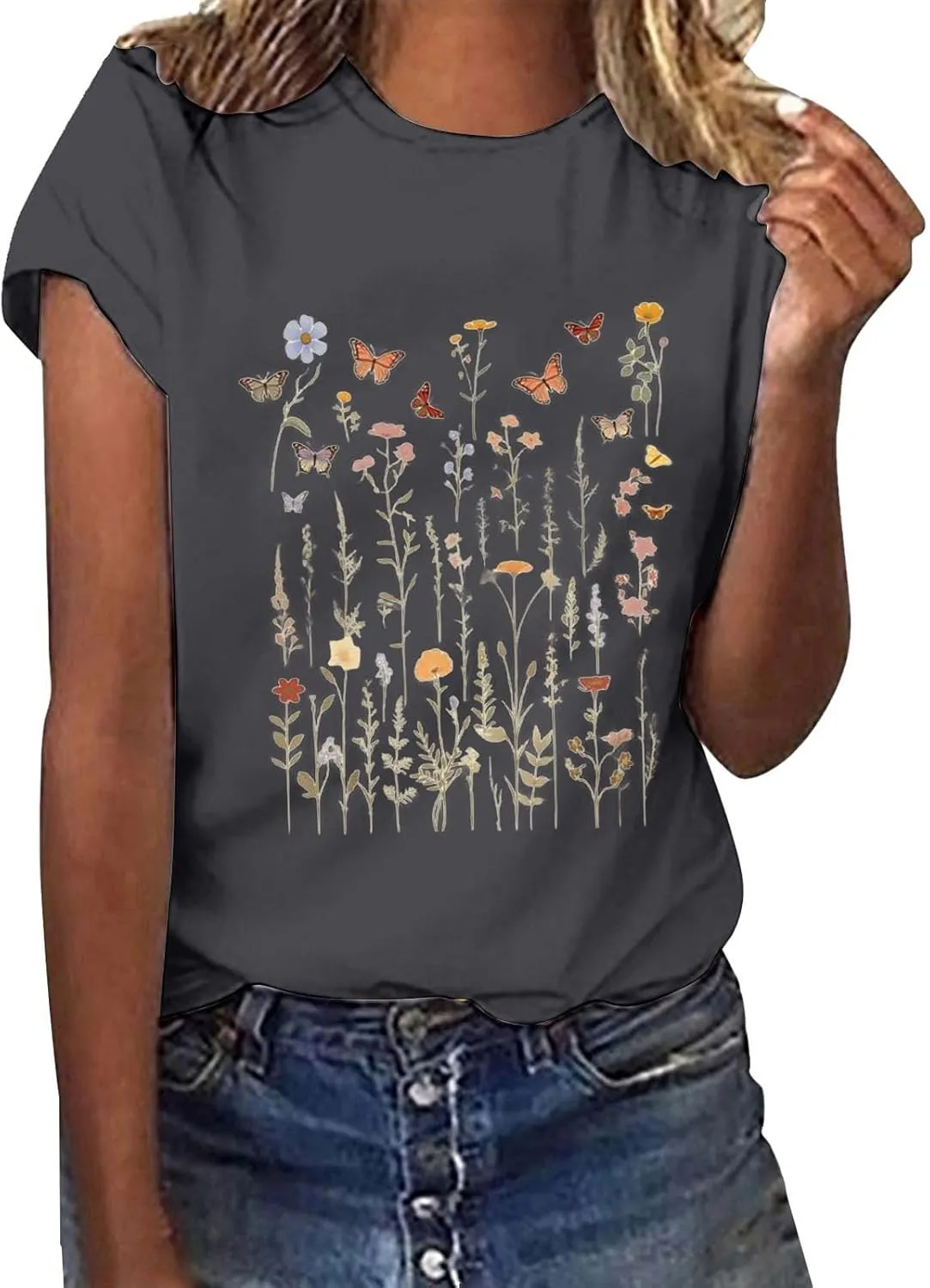 Womens Shirts Summer Cotton Short Sleeve Crew Neck Basic Tee Cute Vintage Print Casual Loose Fit Trendy Pullover Tops