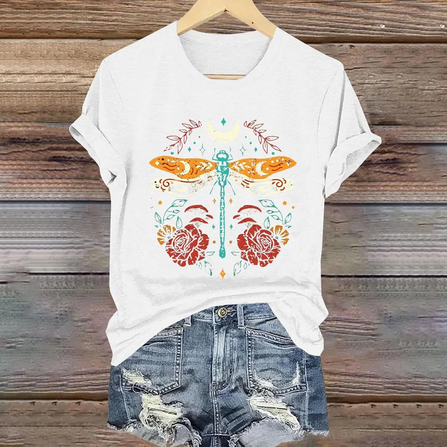 Womens Shirts Summer Cotton Short Sleeve Crew Neck Basic Tee Cute Vintage Print Casual Loose Fit Trendy Pullover Tops