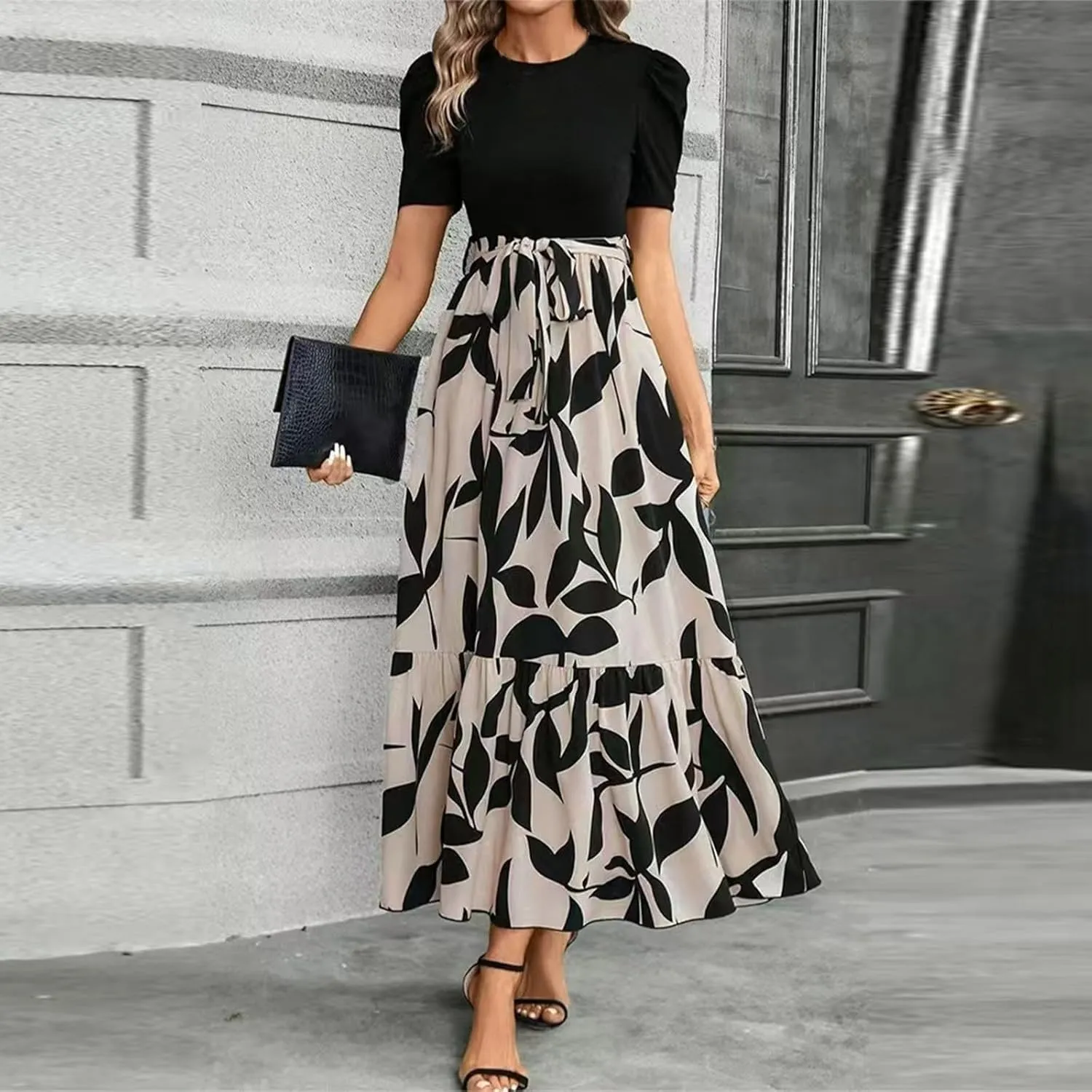 Womens Short Sleeve Maxi Dresses Casual Summer Floral Printed Dress Crewneck Flowy Midi Dress Work Dresses with Belt