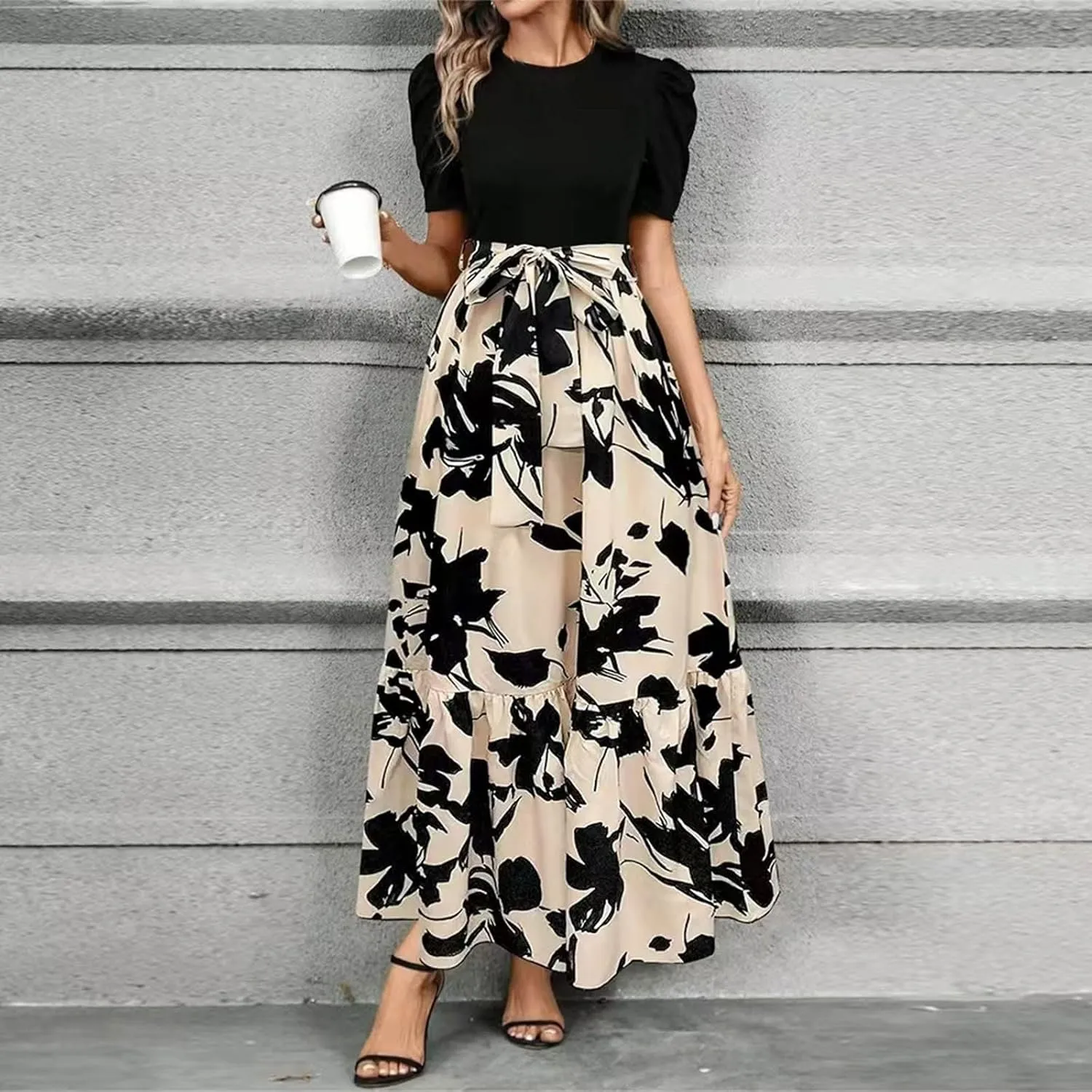 Womens Short Sleeve Maxi Dresses Casual Summer Floral Printed Dress Crewneck Flowy Midi Dress Work Dresses with Belt