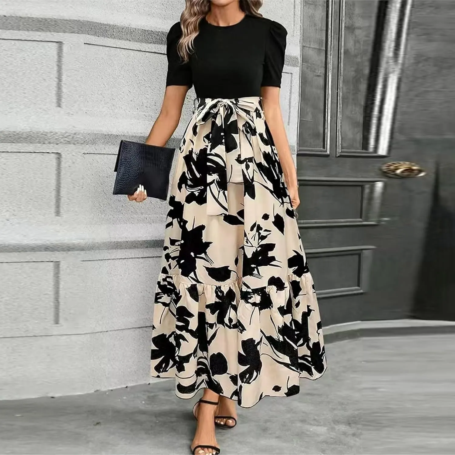 Womens Short Sleeve Maxi Dresses Casual Summer Floral Printed Dress Crewneck Flowy Midi Dress Work Dresses with Belt