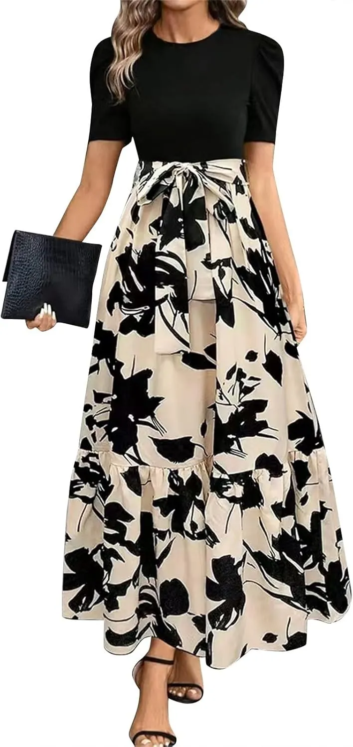 Womens Short Sleeve Maxi Dresses Casual Summer Floral Printed Dress Crewneck Flowy Midi Dress Work Dresses with Belt