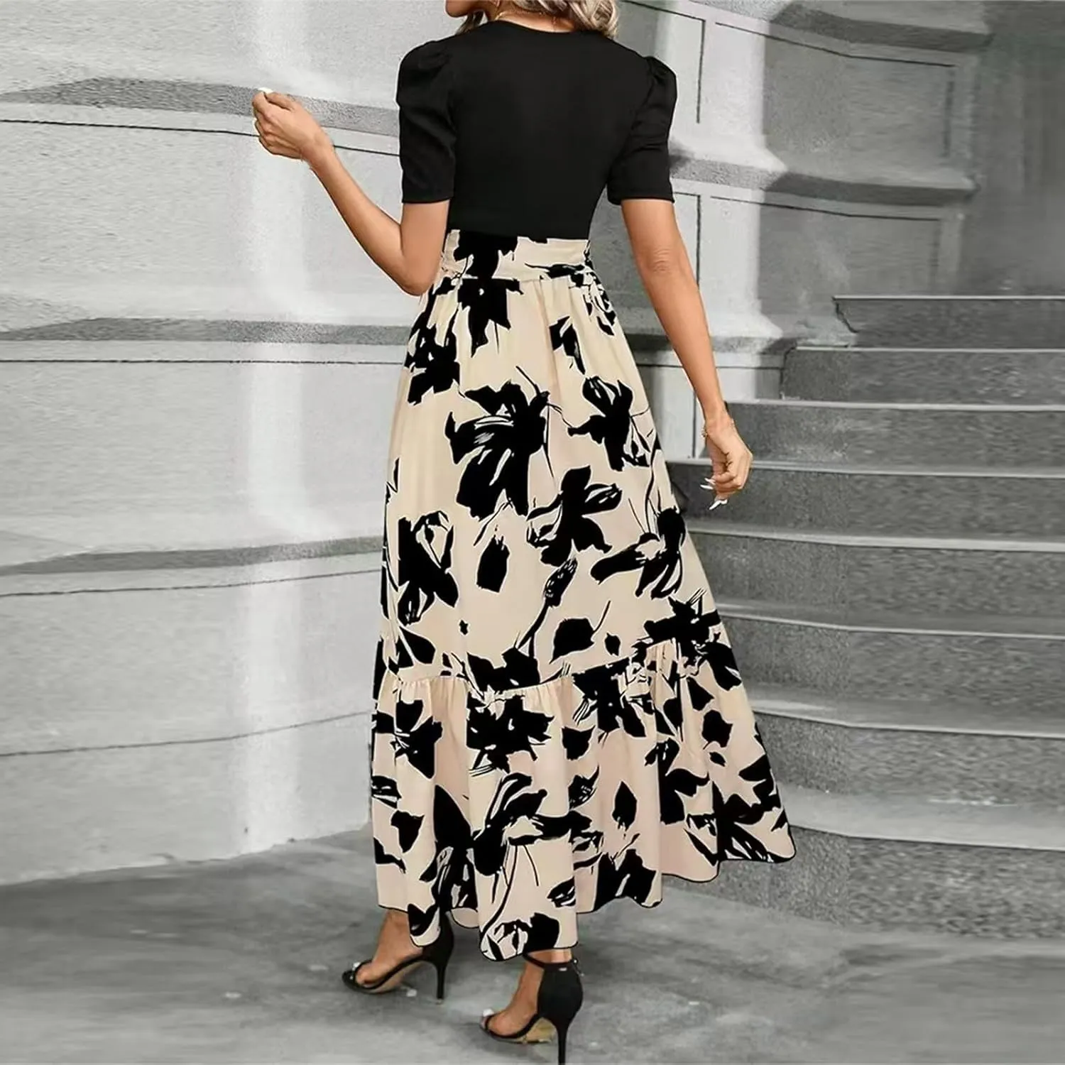 Womens Short Sleeve Maxi Dresses Casual Summer Floral Printed Dress Crewneck Flowy Midi Dress Work Dresses with Belt