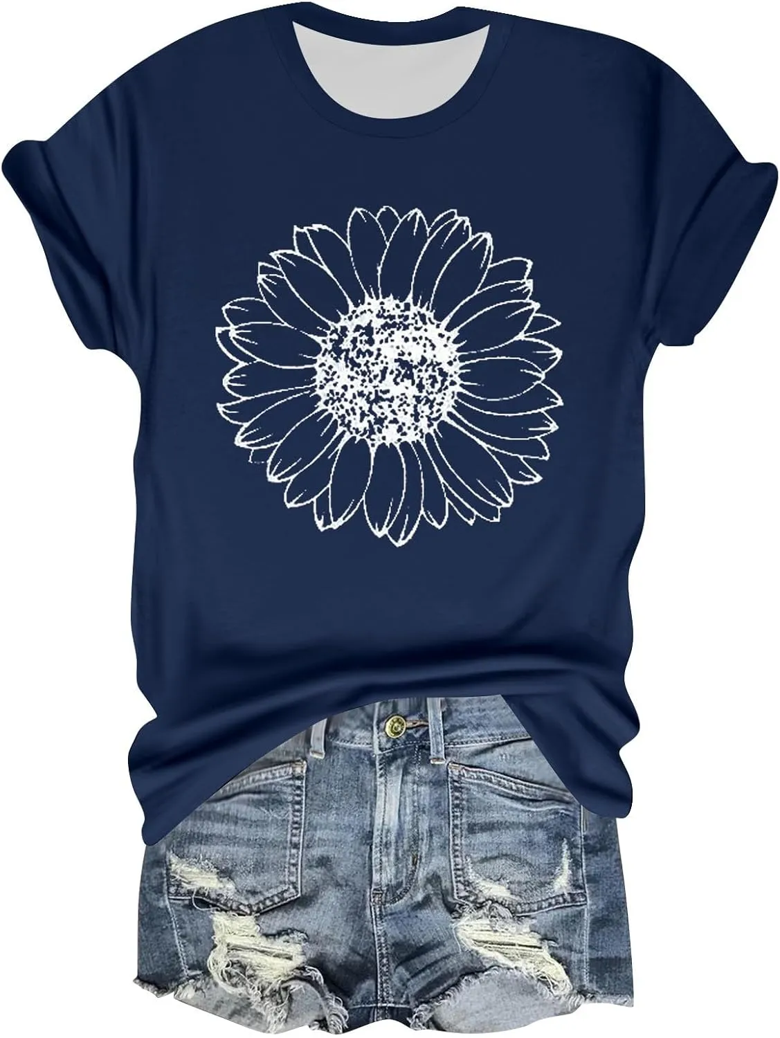 Womens Short Sleeve Tops Casual Printed Sunflower Shirts Floral Loose Tees T Shirt Boho Round Neck Blouse Pullover