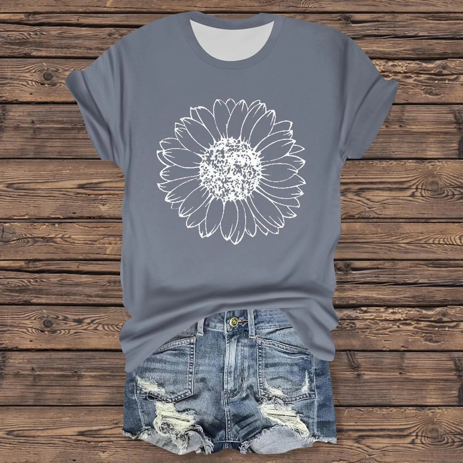 Womens Short Sleeve Tops Casual Printed Sunflower Shirts Floral Loose Tees T Shirt Boho Round Neck Blouse Pullover