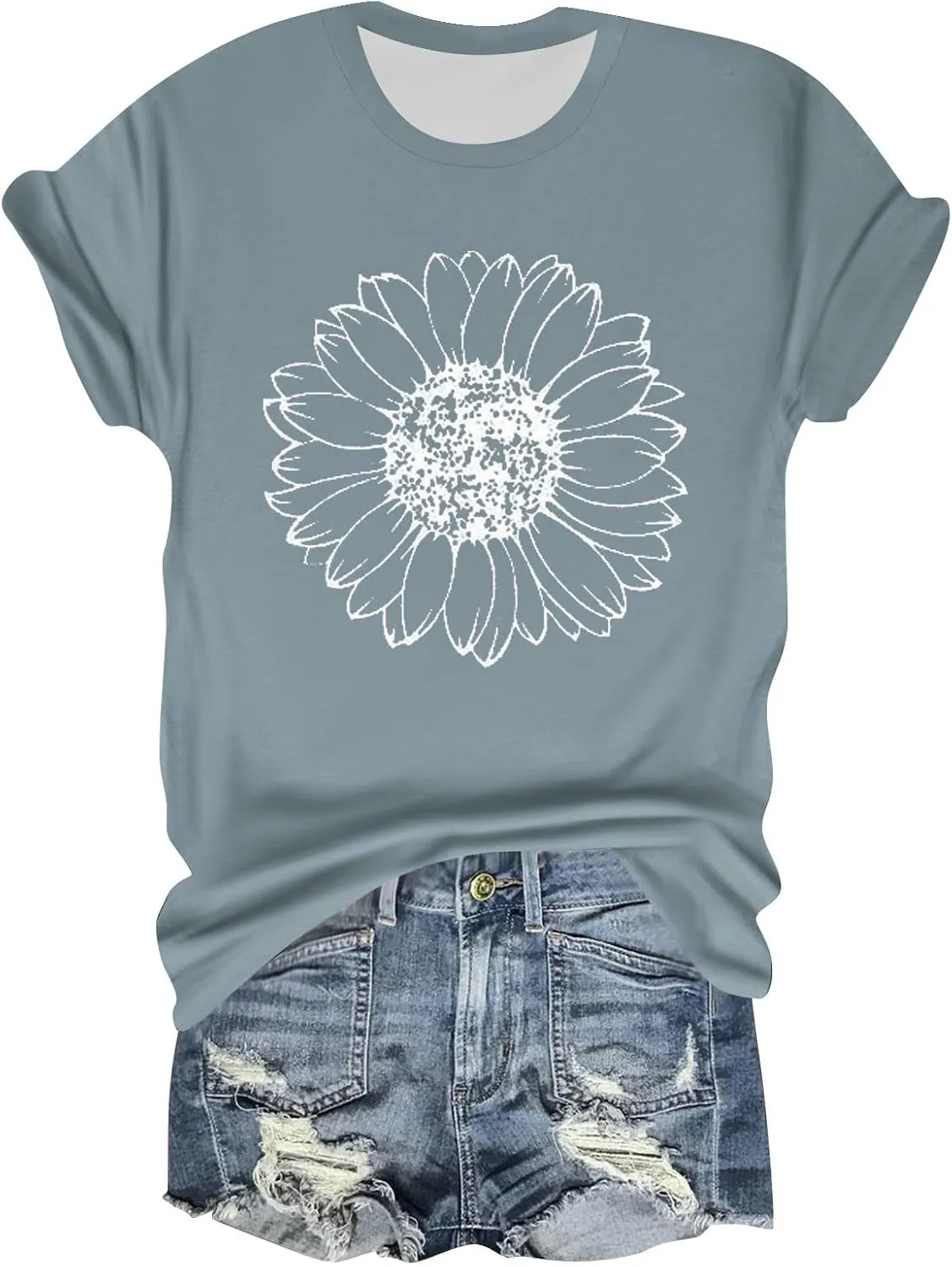 Womens Short Sleeve Tops Casual Printed Sunflower Shirts Floral Loose Tees T Shirt Boho Round Neck Blouse Pullover