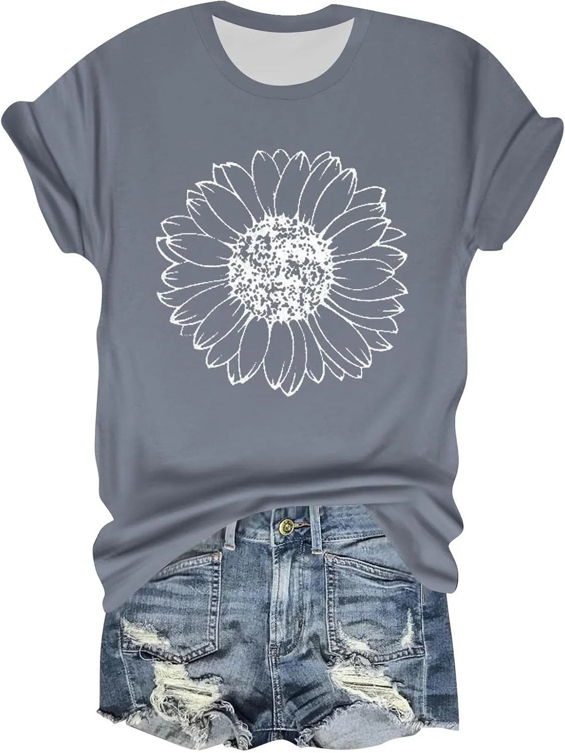 Womens Short Sleeve Tops Casual Printed Sunflower Shirts Floral Loose Tees T Shirt Boho Round Neck Blouse Pullover