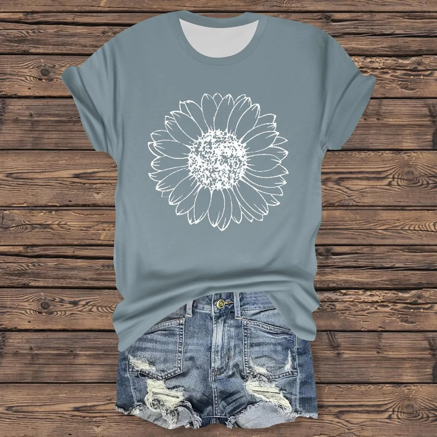 Womens Short Sleeve Tops Casual Printed Sunflower Shirts Floral Loose Tees T Shirt Boho Round Neck Blouse Pullover