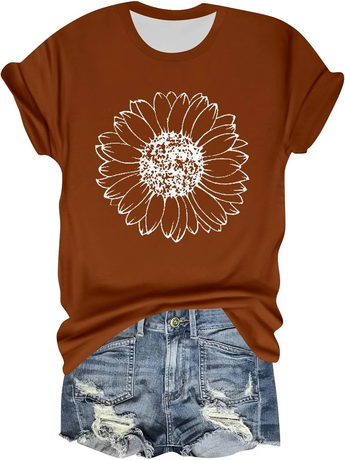 Womens Short Sleeve Tops Casual Printed Sunflower Shirts Floral Loose Tees T Shirt Boho Round Neck Blouse Pullover