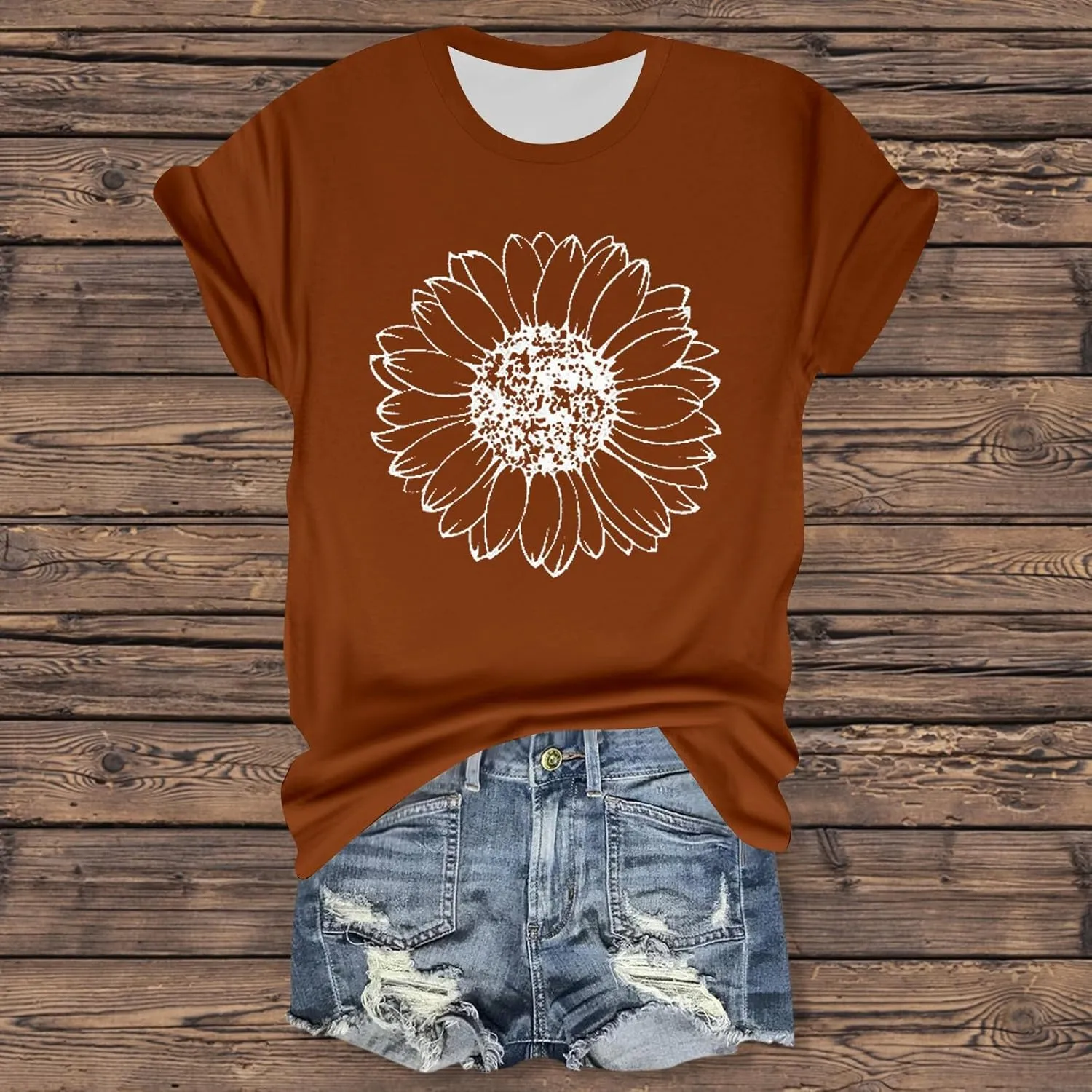 Womens Short Sleeve Tops Casual Printed Sunflower Shirts Floral Loose Tees T Shirt Boho Round Neck Blouse Pullover