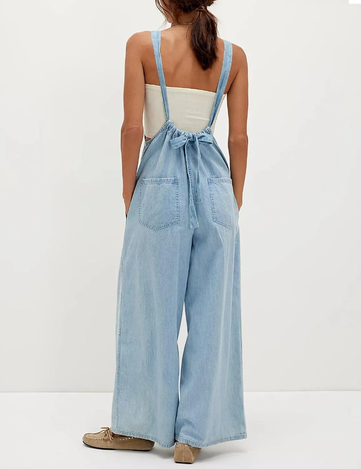 Womens Sleeveless Spaghetti Straps Baggy Overalls Wide Leg Long Rompers Going Out One Piece Jumpsuits with Pockets