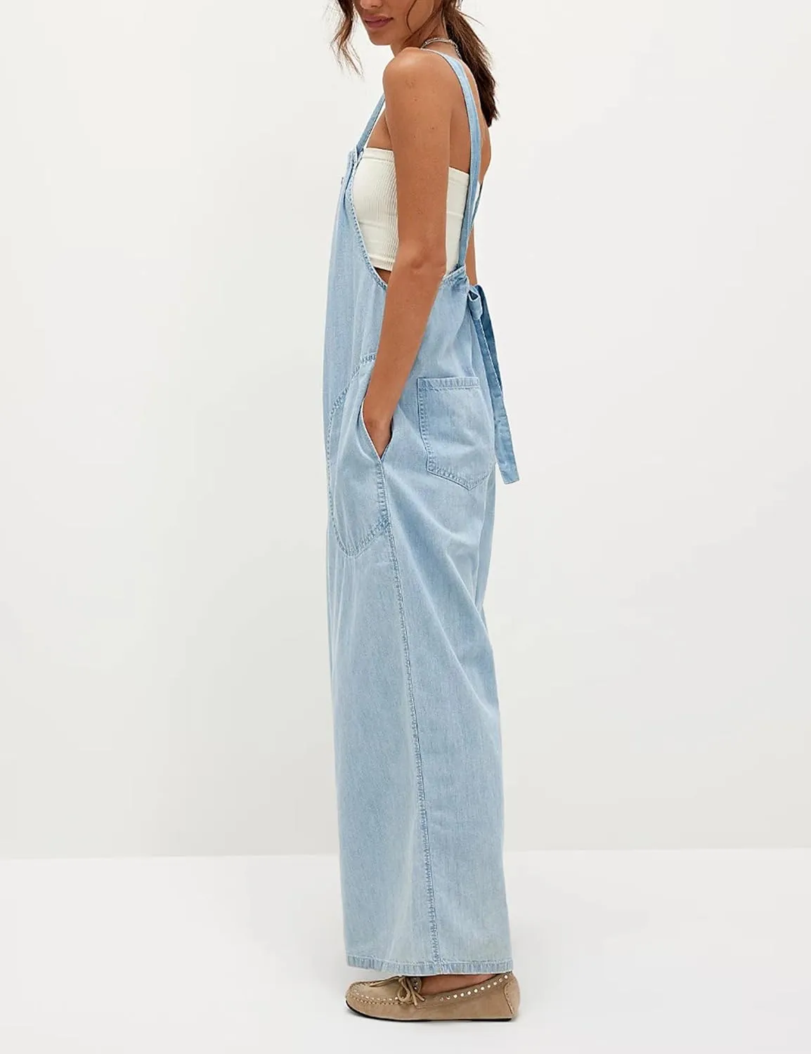 Womens Sleeveless Spaghetti Straps Baggy Overalls Wide Leg Long Rompers Going Out One Piece Jumpsuits with Pockets