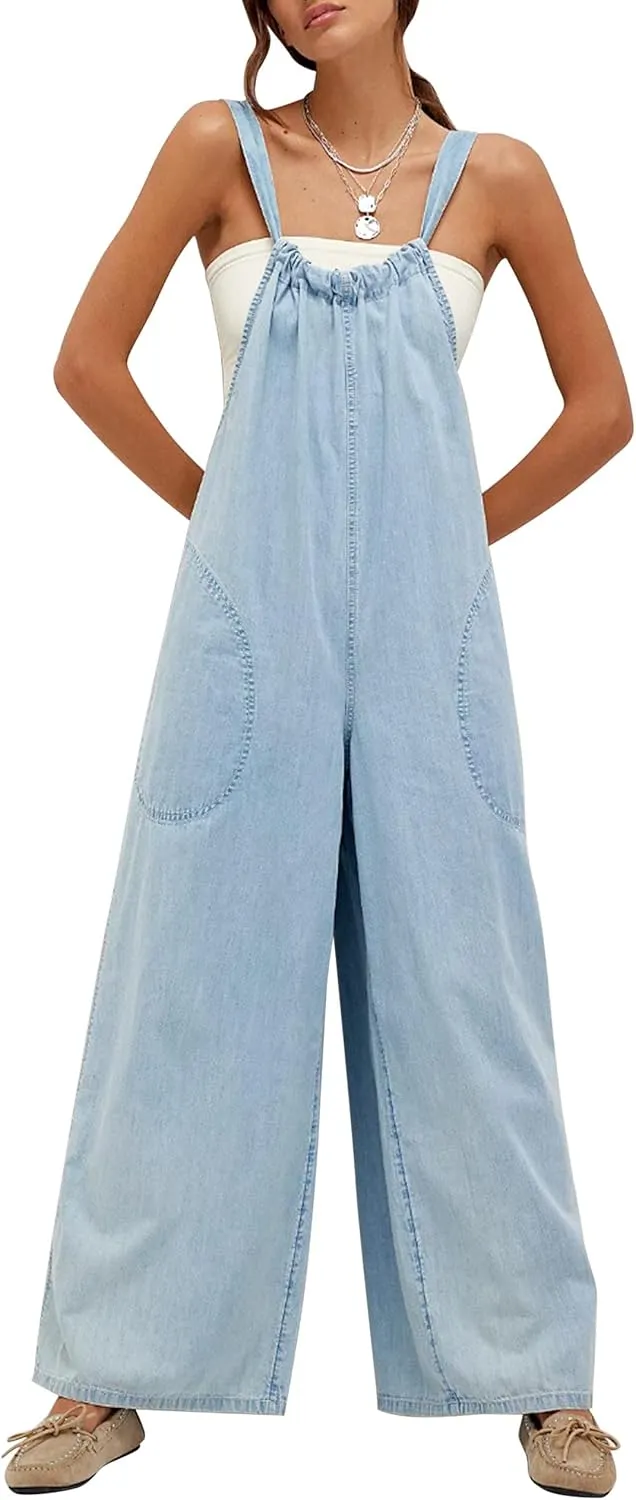 Womens Sleeveless Spaghetti Straps Baggy Overalls Wide Leg Long Rompers Going Out One Piece Jumpsuits with Pockets
