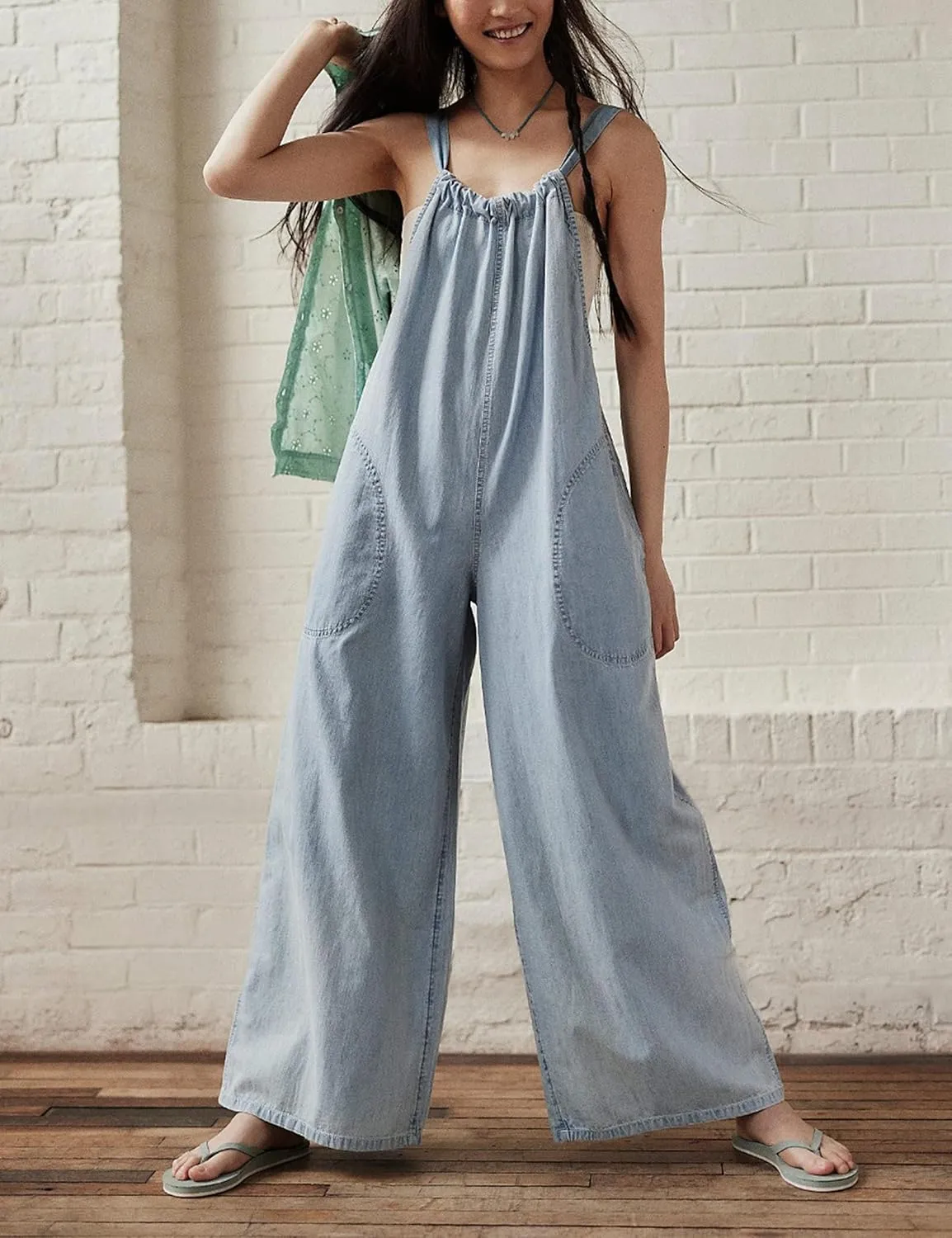 Womens Sleeveless Spaghetti Straps Baggy Overalls Wide Leg Long Rompers Going Out One Piece Jumpsuits with Pockets