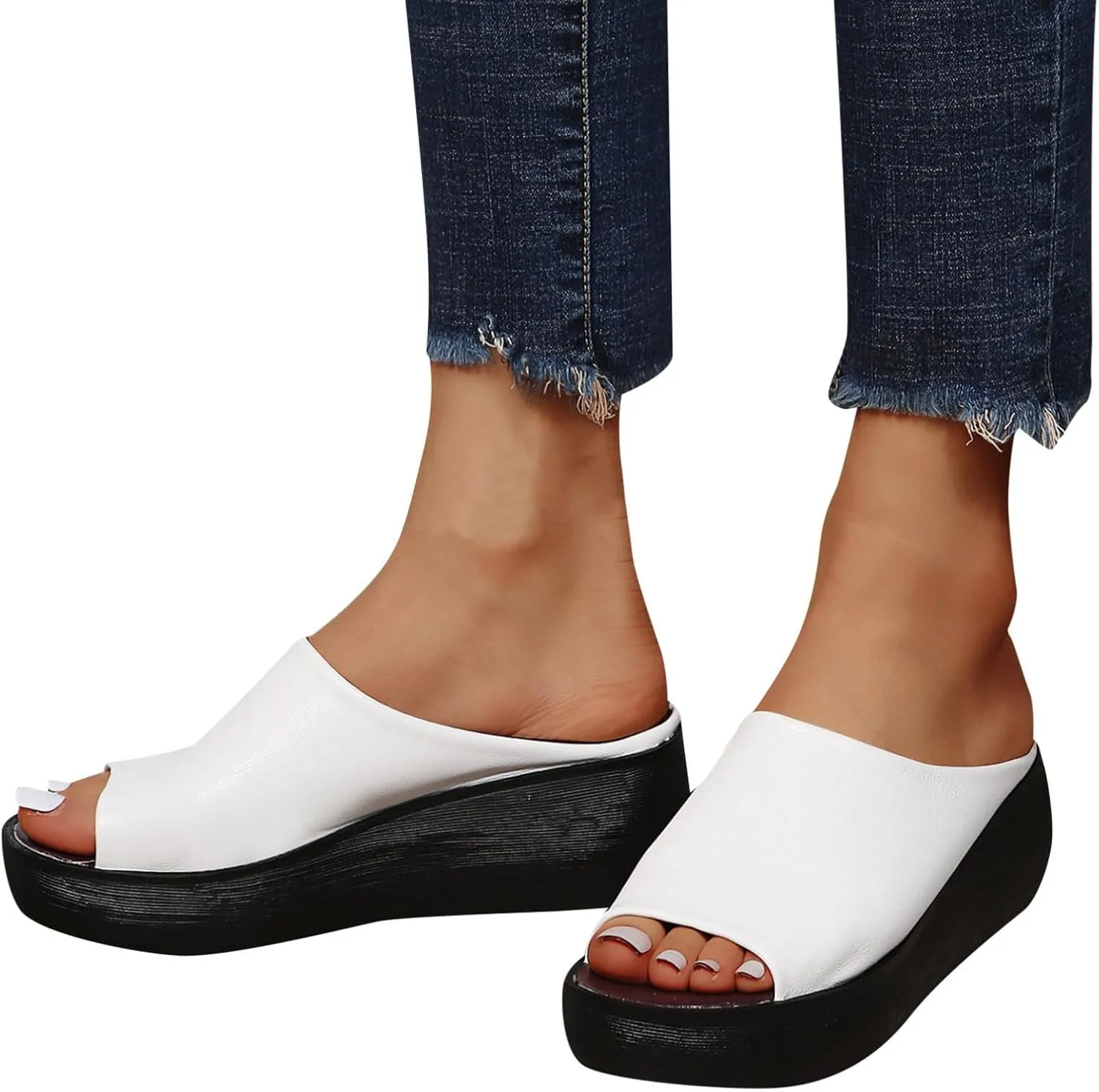 Womens Slip On Sandals Comfortable Non-Slip Work Shoes Open Toe Platform Slippers Faux Leather Wedge Outdoor Shoes Dressy Summer Sandals with Arch Support Orthotic Sandal Beach Walking Shoe Casual