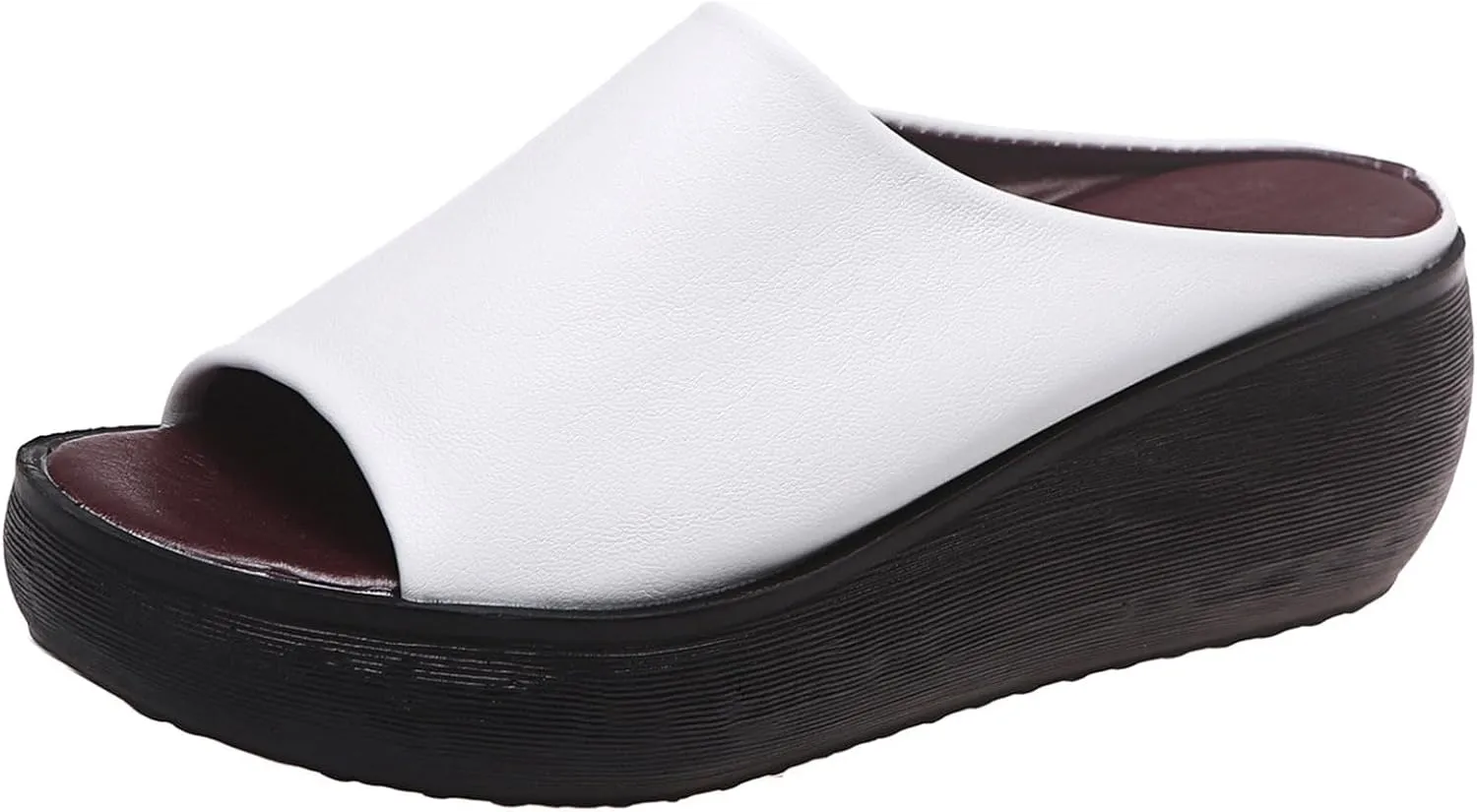 Womens Slip On Sandals Comfortable Non-Slip Work Shoes Open Toe Platform Slippers Faux Leather Wedge Outdoor Shoes Dressy Summer Sandals with Arch Support Orthotic Sandal Beach Walking Shoe Casual