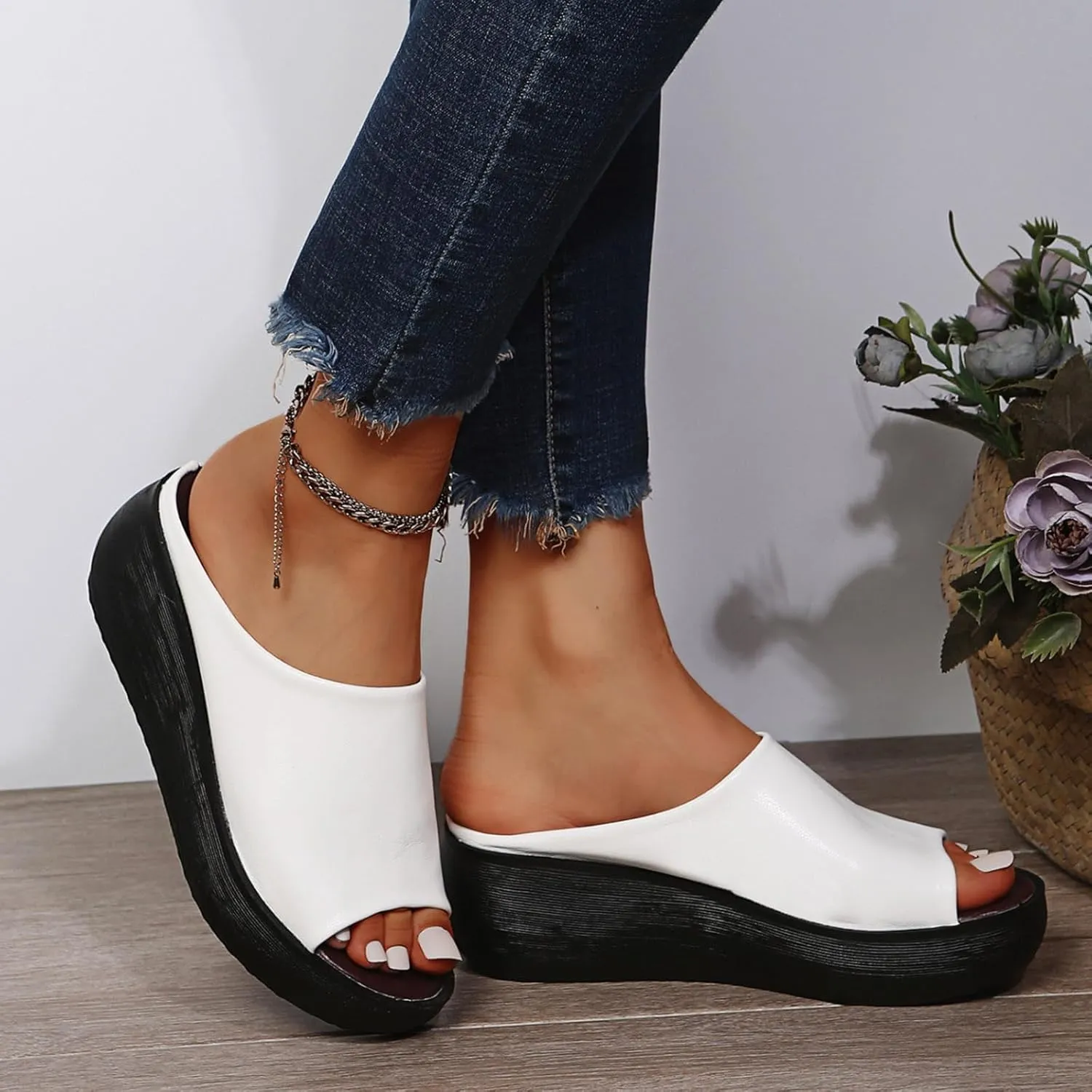 Womens Slip On Sandals Comfortable Non-Slip Work Shoes Open Toe Platform Slippers Faux Leather Wedge Outdoor Shoes Dressy Summer Sandals with Arch Support Orthotic Sandal Beach Walking Shoe Casual