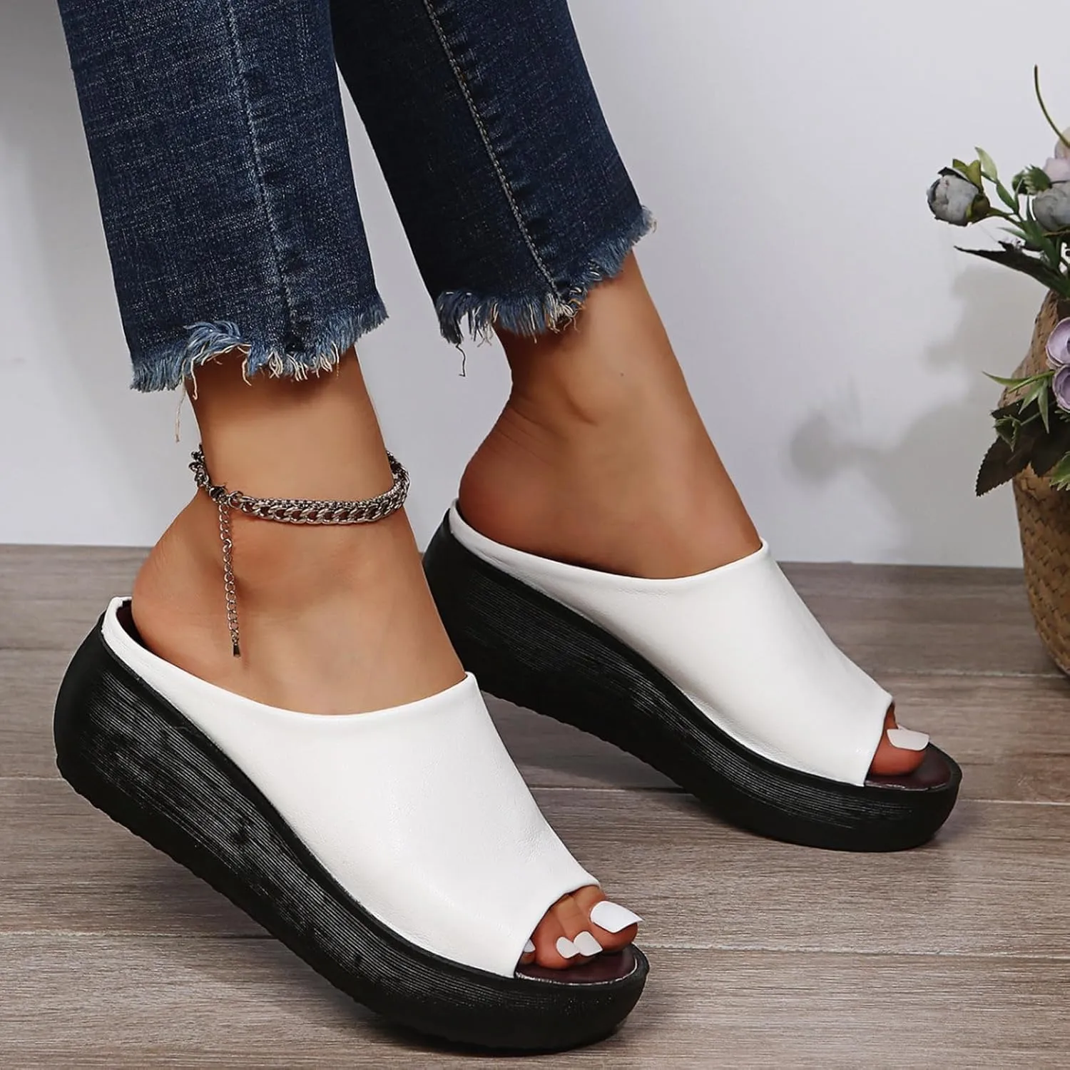 Womens Slip On Sandals Comfortable Non-Slip Work Shoes Open Toe Platform Slippers Faux Leather Wedge Outdoor Shoes Dressy Summer Sandals with Arch Support Orthotic Sandal Beach Walking Shoe Casual