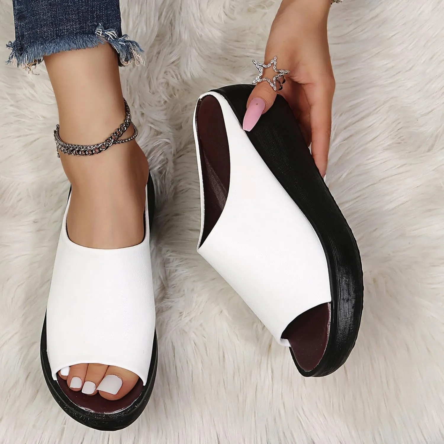Womens Slip On Sandals Comfortable Non-Slip Work Shoes Open Toe Platform Slippers Faux Leather Wedge Outdoor Shoes Dressy Summer Sandals with Arch Support Orthotic Sandal Beach Walking Shoe Casual