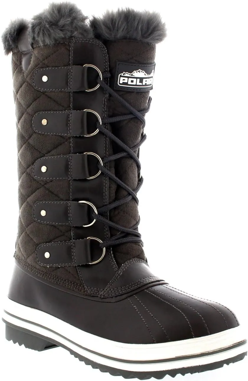 Womens Snow Boot Quilted Tall Winter Snow Waterproof Fur Lined Warm Rain Boot - 10 - Grey Suede