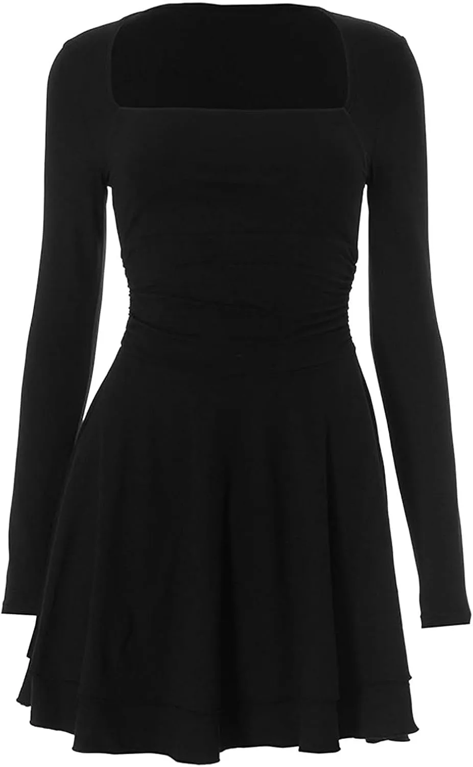 Women's Square Neck Ruffle Hem Mini Dress Ruched Waist Long Sleeve Corset Short Party Dresses