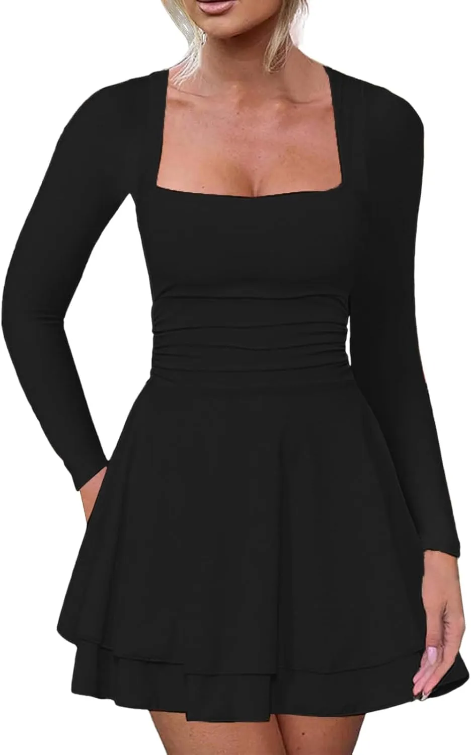 Women's Square Neck Ruffle Hem Mini Dress Ruched Waist Long Sleeve Corset Short Party Dresses