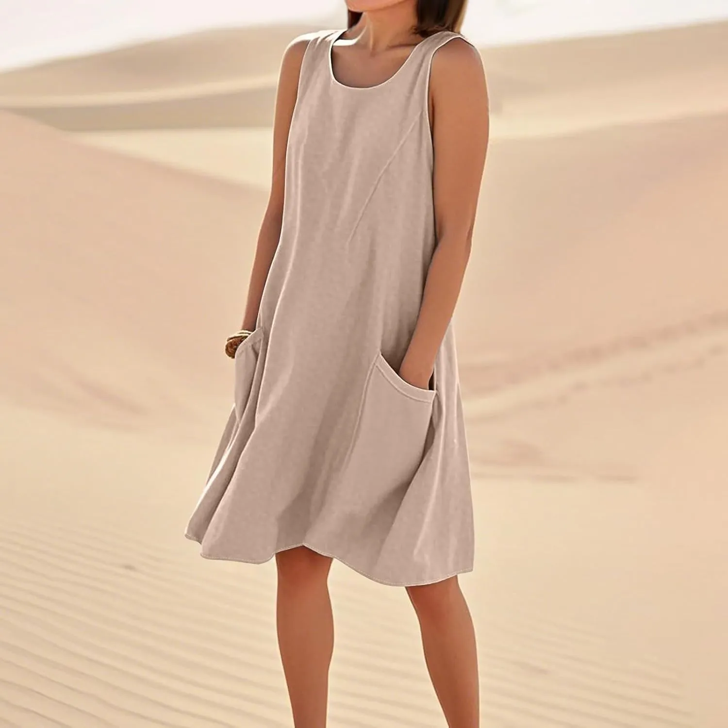 Women's Summer Casual Dress Sleeveless Cotton Linen Blend Floral Sundress Loose Beach Vacation Dress with Pockets