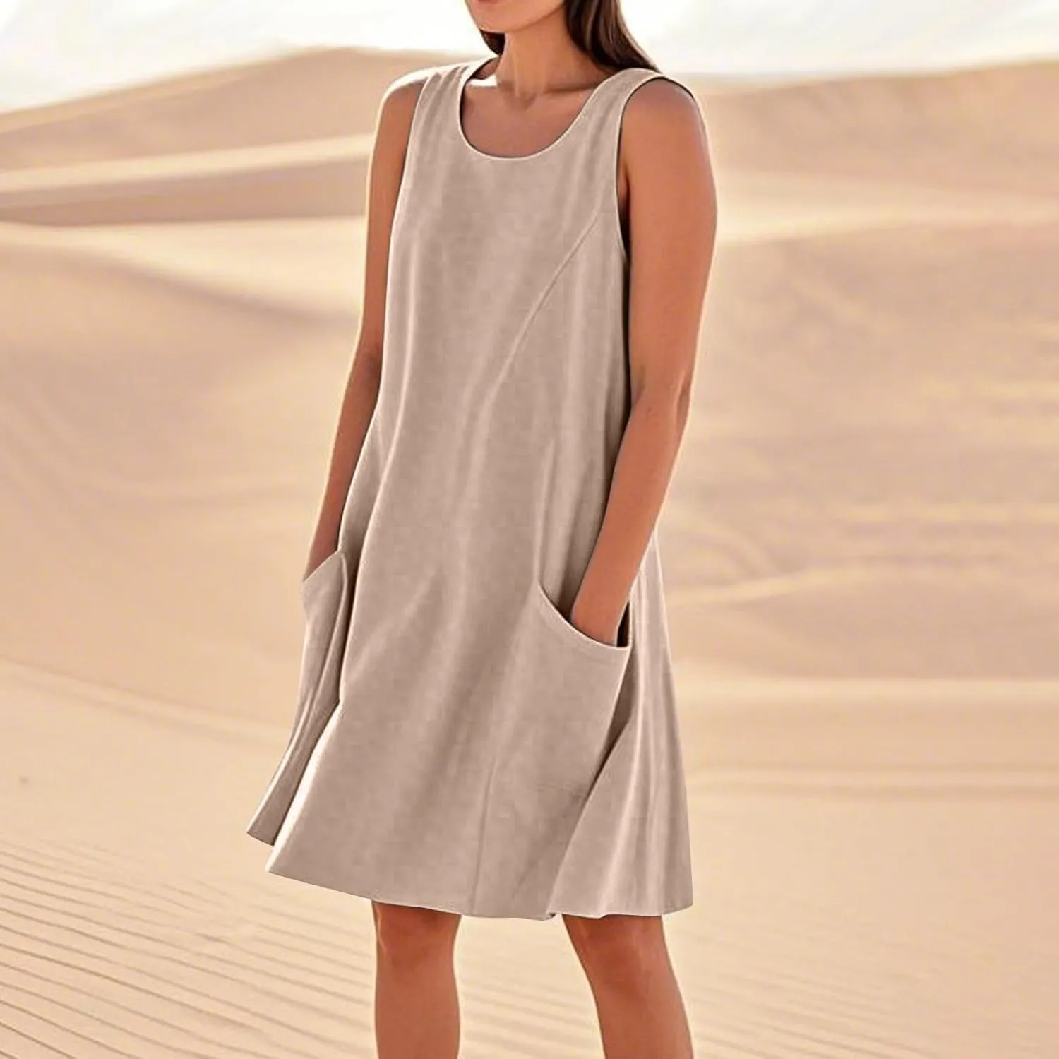 Women's Summer Casual Dress Sleeveless Cotton Linen Blend Floral Sundress Loose Beach Vacation Dress with Pockets