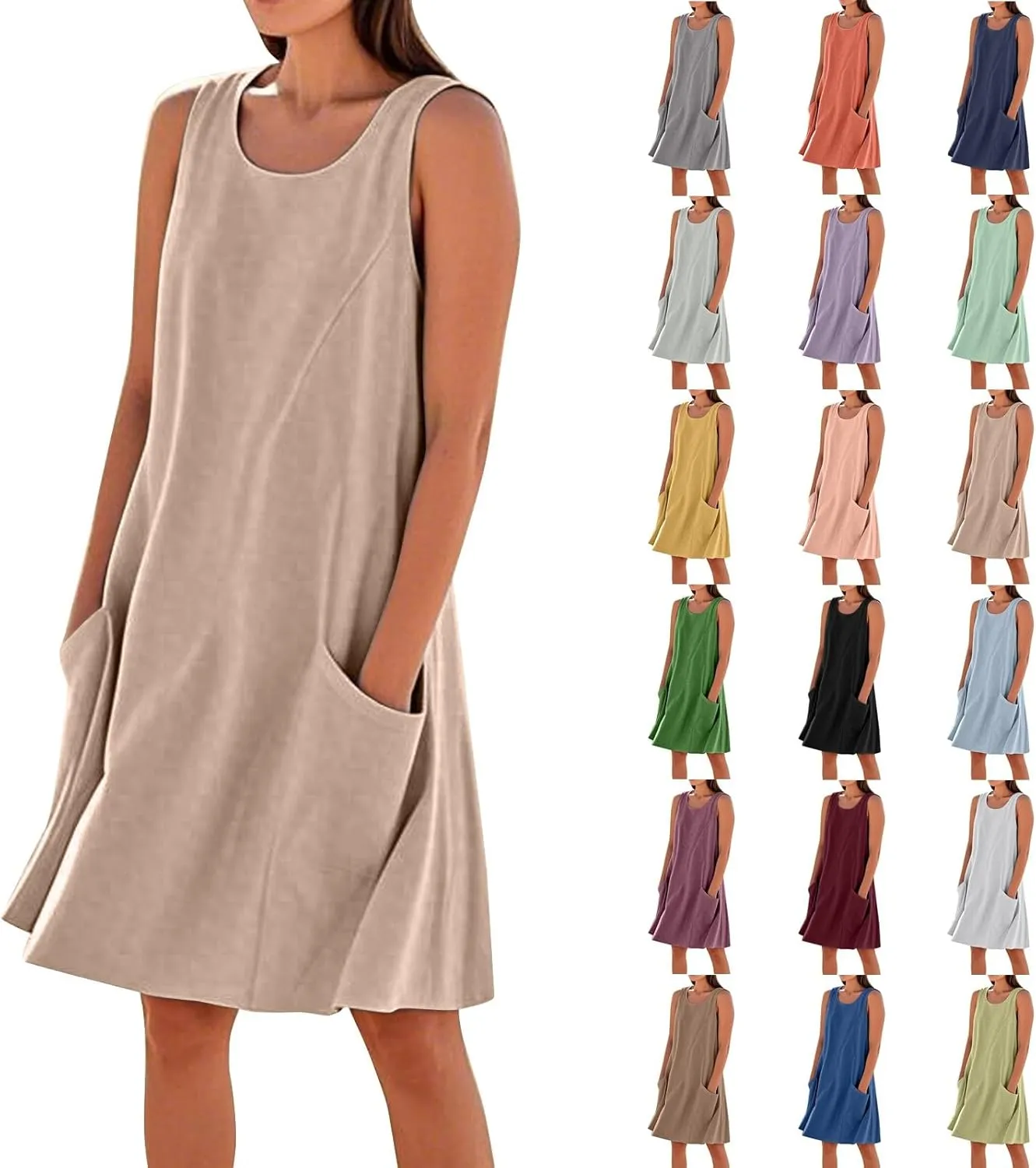 Women's Summer Casual Dress Sleeveless Cotton Linen Blend Floral Sundress Loose Beach Vacation Dress with Pockets