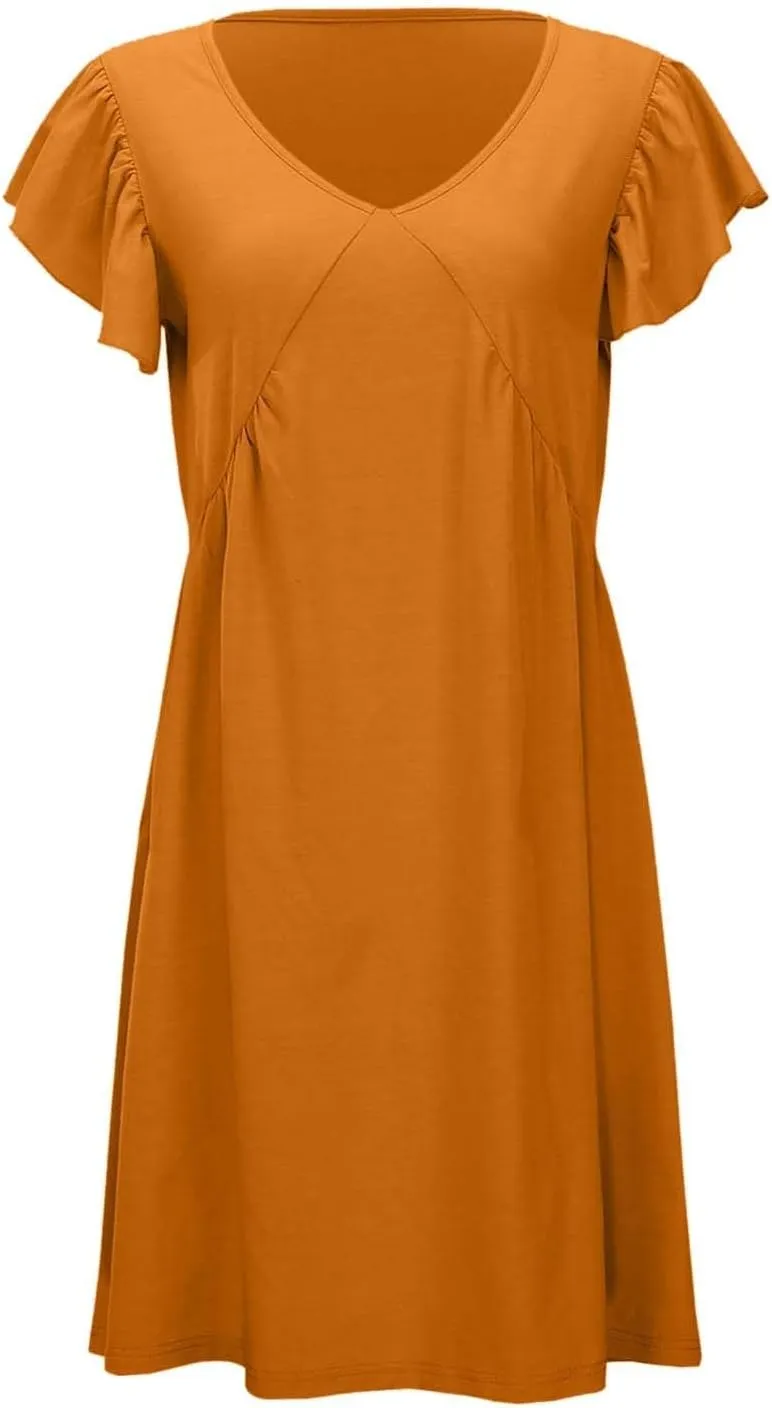 Women's Summer Dresses 2025 Beach Casual Deep V Neck Loose Sundress Ruffle Sleeve Mini Dress