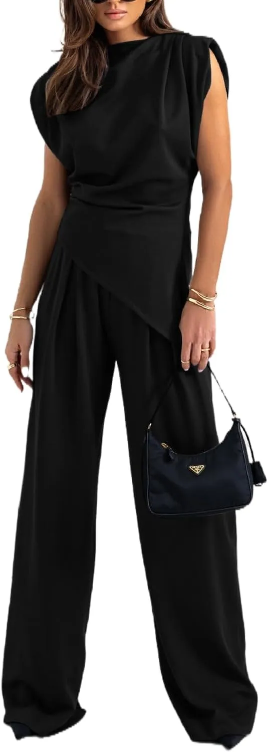 Women's Summer Pants Suits Dressy Casual Irregual Jumpsuits Two Piece Outfits Sleeveless Wide Leg Rompers