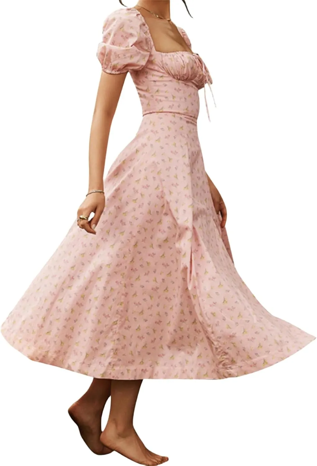 Womens Summer Puff Sleeve Dress Side Split Maxi Dresses Square Neck Floral Print Boho Long Dresses Beach Dress