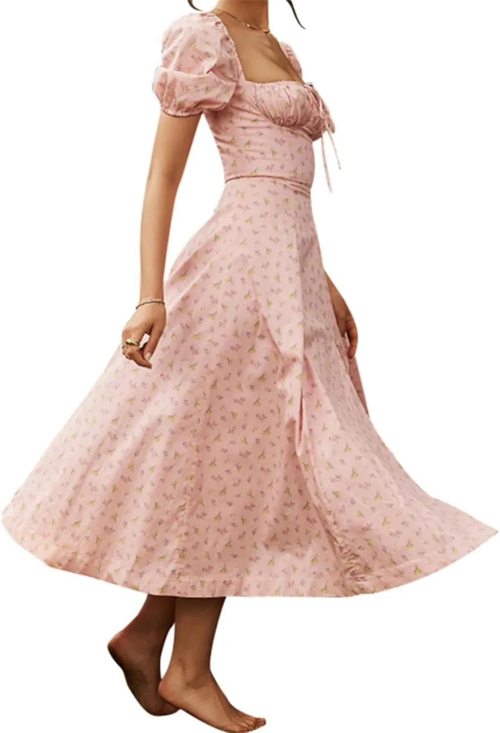 Womens Summer Puff Sleeve Dress Side Split Maxi Dresses Square Neck Floral Print Boho Long Dresses Beach Dress