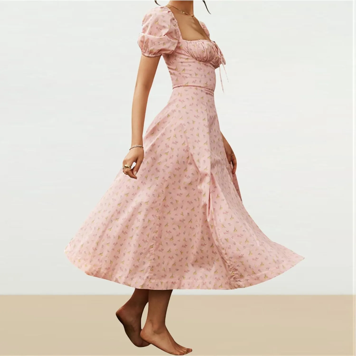 Womens Summer Puff Sleeve Dress Side Split Maxi Dresses Square Neck Floral Print Boho Long Dresses Beach Dress